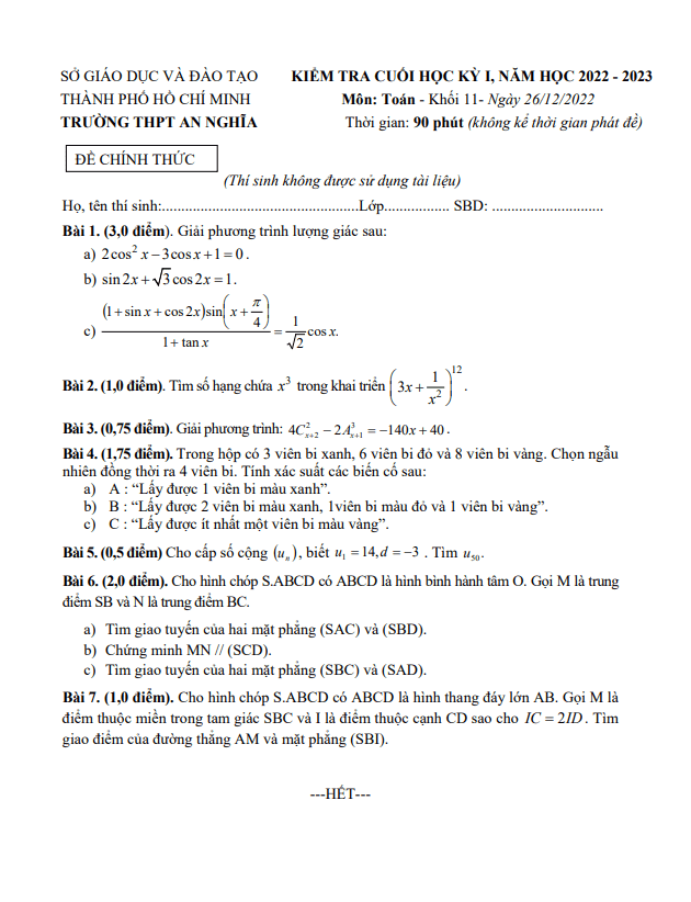 Đề cuối học kì 1 (HK1) lớp 11 môn Toán năm 2022 2023 trường THPT An Nghĩa TP HCM