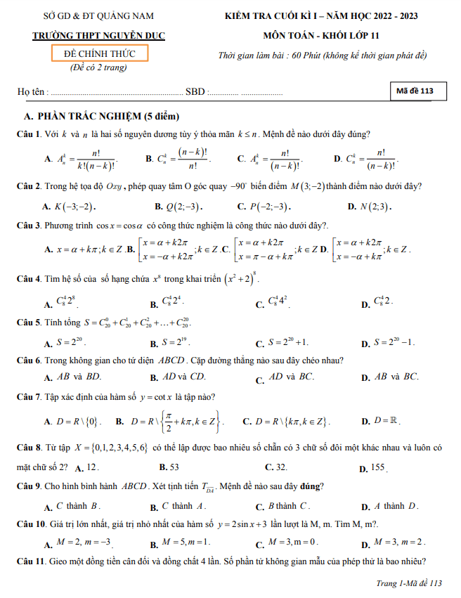 Đề cuối học kì 1 (HK1) lớp 11 môn Toán năm 2022 2023 trường THPT Nguyễn Dục Quảng Nam