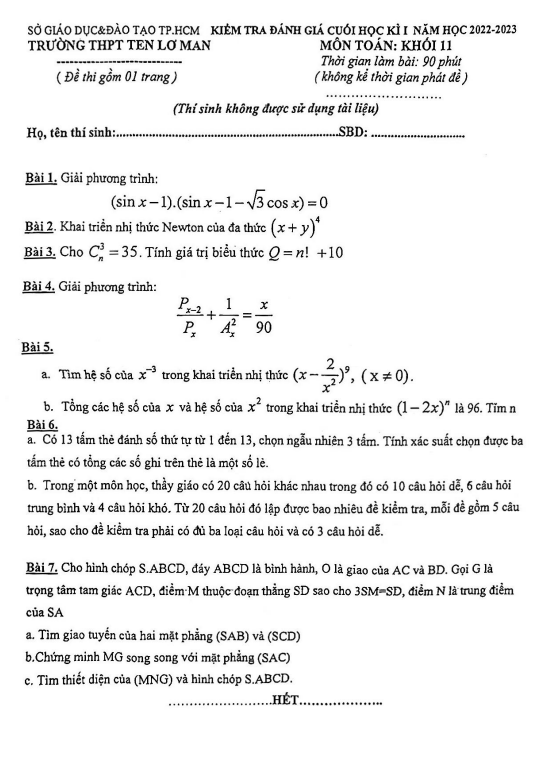 Đề cuối học kì 1 (HK1) lớp 11 môn Toán năm 2022 2023 trường THPT Ten Lơ Man TP HCM