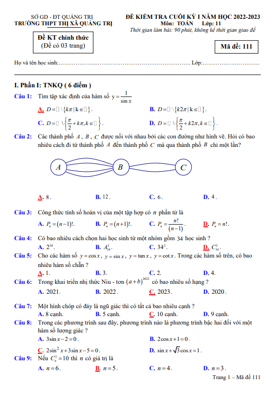 Đề cuối học kì 1 (HK1) lớp 11 môn Toán năm 2022 2023 trường THPT Thị xã Quảng Trị