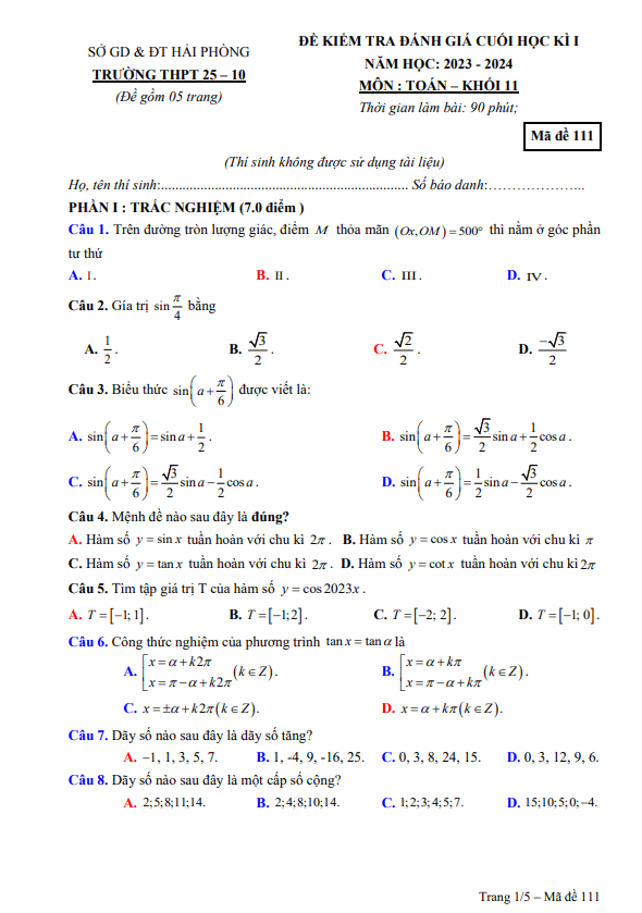 Đề cuối học kì 1 (HK1) lớp 11 môn Toán năm 2023 2024 trường THPT 25-10 Hải Phòng