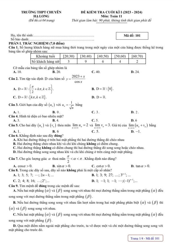Đề cuối học kì 1 (HK1) lớp 11 môn Toán năm 2023 2024 trường THPT chuyên Hạ Long Quảng Ninh