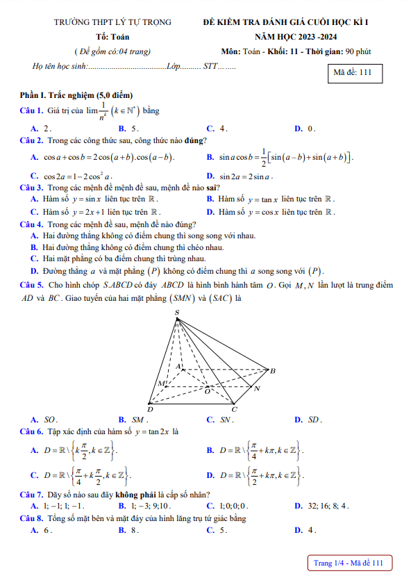 Đề cuối học kì 1 (HK1) lớp 11 môn Toán năm 2023 2024 trường THPT Lý Tự Trọng Khánh Hòa