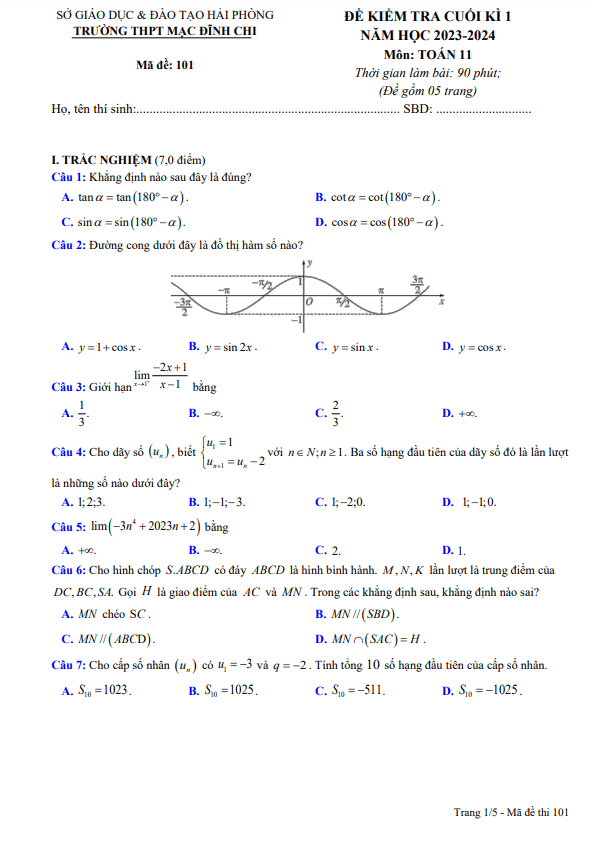Đề cuối học kì 1 (HK1) lớp 11 môn Toán năm 2023 2024 trường THPT Mạc Đĩnh Chi Hải Phòng
