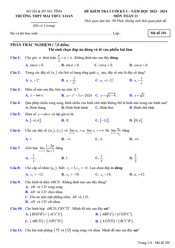 Đề cuối học kì 1 (HK1) lớp 11 môn Toán năm 2023 2024 trường THPT Mai Thúc Loan Hà Tĩnh