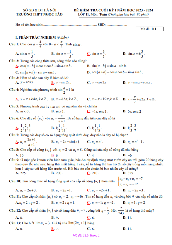 Đề cuối học kì 1 (HK1) lớp 11 môn Toán năm 2023 2024 trường THPT Ngọc Tảo Hà Nội
