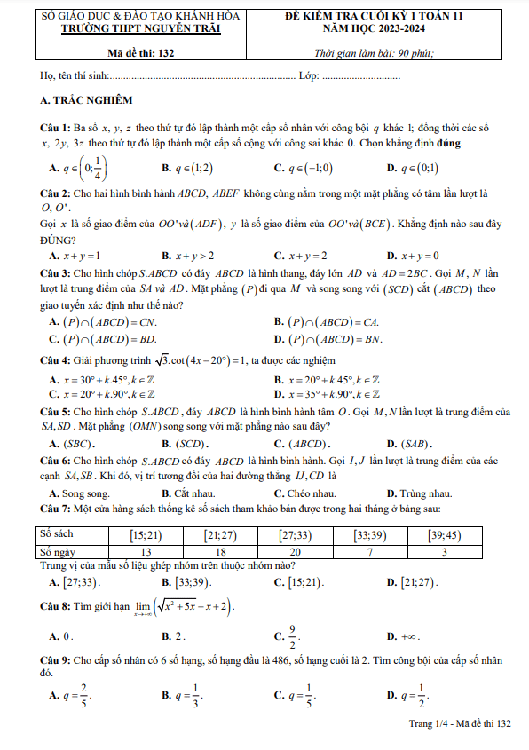 Đề cuối học kì 1 (HK1) lớp 11 môn Toán năm 2023 2024 trường THPT Nguyễn Trãi Khánh Hòa