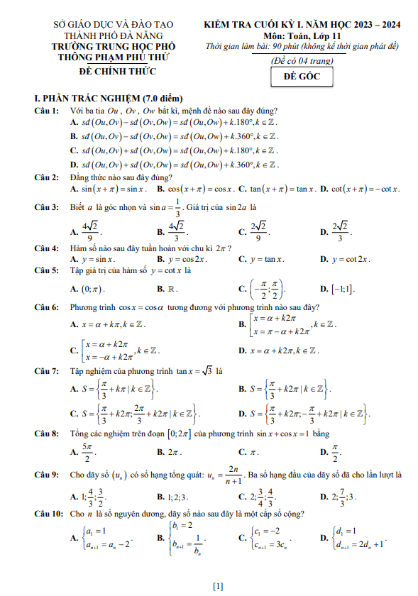 Đề cuối học kì 1 (HK1) lớp 11 môn Toán năm 2023 2024 trường THPT Phạm Phú Thứ Đà Nẵng