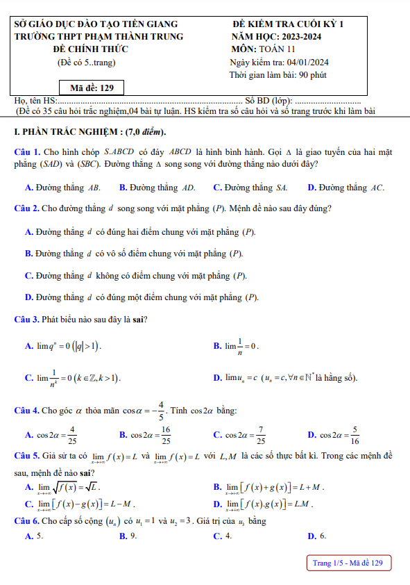 Đề cuối học kì 1 (HK1) lớp 11 môn Toán năm 2023 2024 trường THPT Phạm Thành Trung Tiền Giang