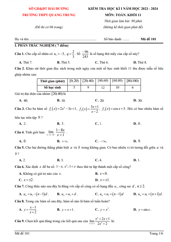 Đề cuối học kì 1 (HK1) lớp 11 môn Toán năm 2023 2024 trường THPT Quang Trung Hải Dương