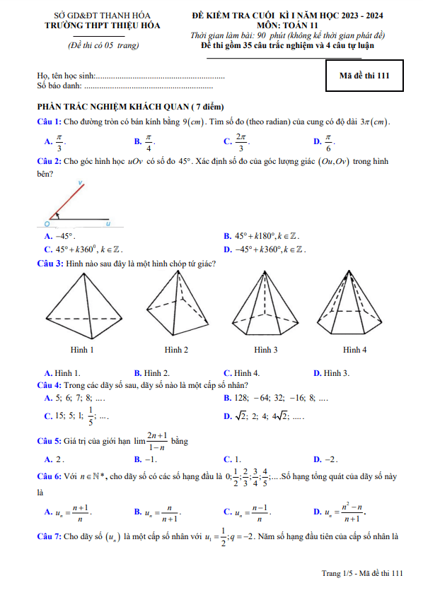 Đề cuối học kì 1 (HK1) lớp 11 môn Toán năm 2023 2024 trường THPT Thiệu Hóa Thanh Hóa