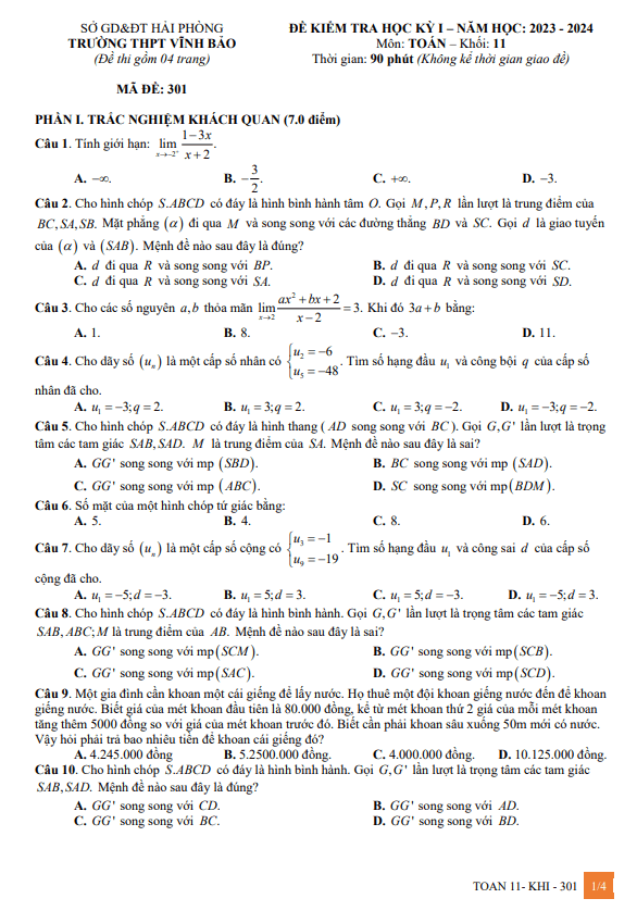 Đề cuối học kì 1 (HK1) lớp 11 môn Toán năm 2023 2024 trường THPT Vĩnh Bảo Hải Phòng