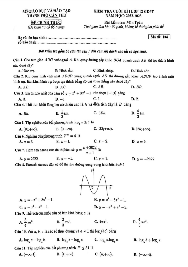 Đề cuối học kì 1 (HK1) lớp 12 môn Toán năm 2022 2023 sở GD ĐT thành phố Cần Thơ