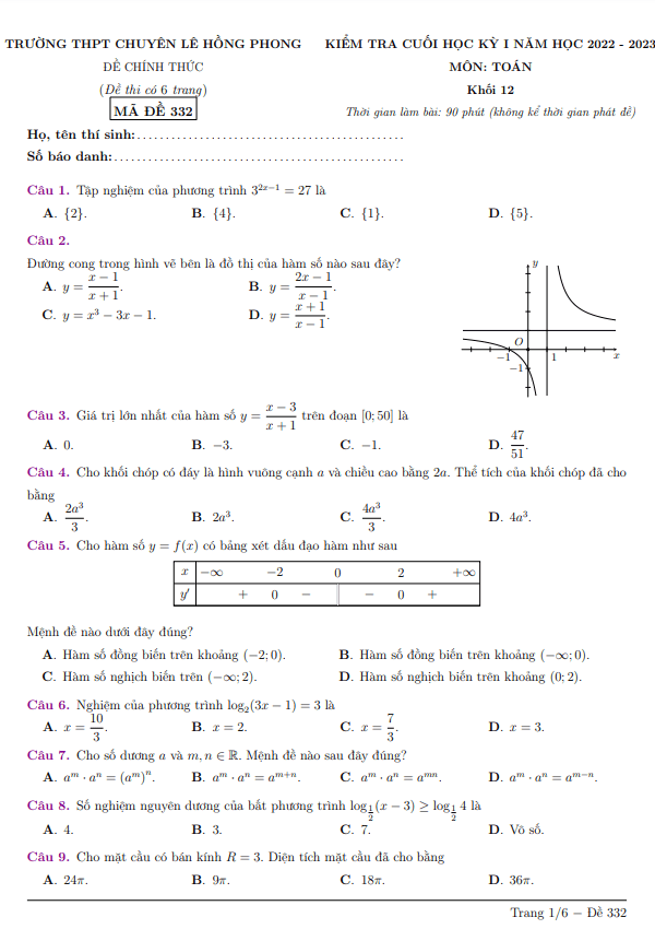 Đề cuối học kì 1 (HK1) lớp 12 môn Toán năm 2022 2023 trường chuyên Lê Hồng Phong TP HCM