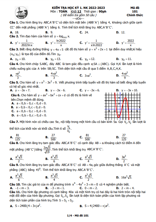 Đề cuối học kì 1 (HK1) lớp 12 môn Toán năm 2022 2023 trường THPT Gia Định TP HCM