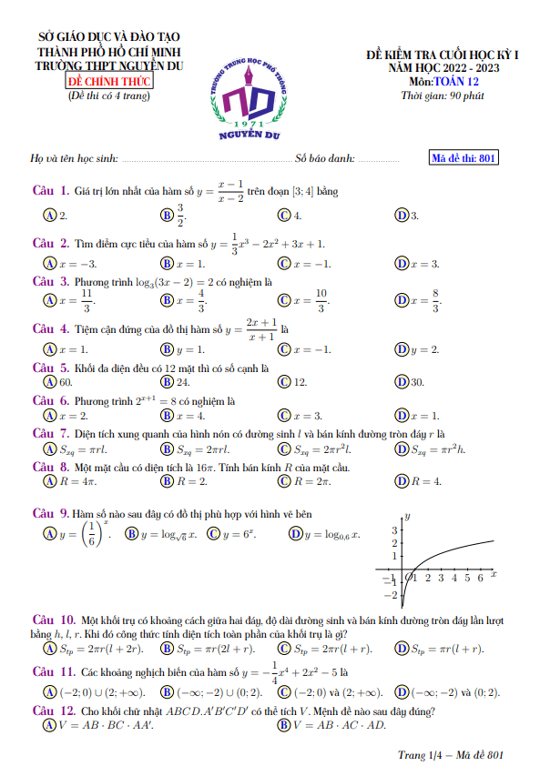 Đề cuối học kì 1 (HK1) lớp 12 môn Toán năm 2022 2023 trường THPT Nguyễn Du TP HCM