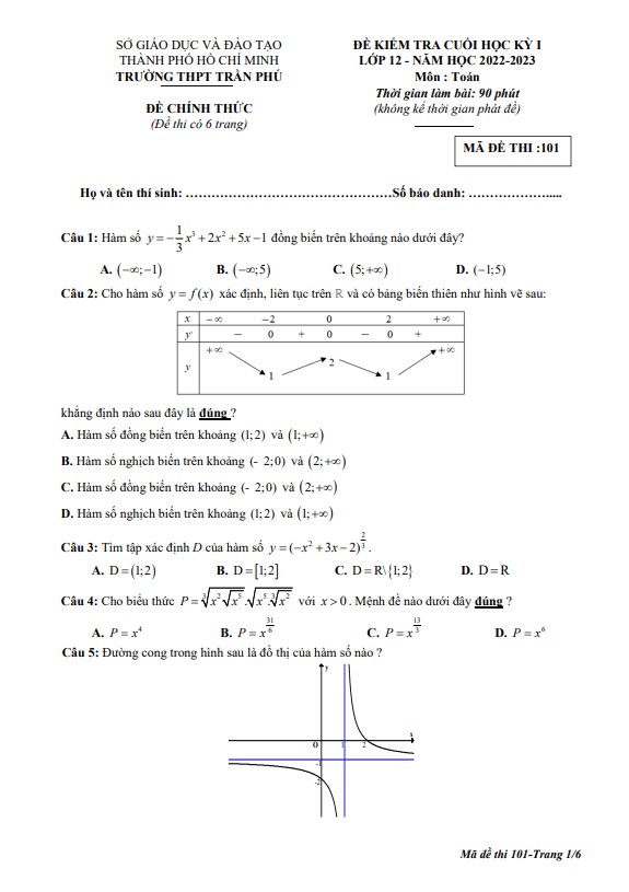 Đề cuối học kì 1 (HK1) lớp 12 môn Toán năm 2022 2023 trường THPT Trần Phú TP HCM