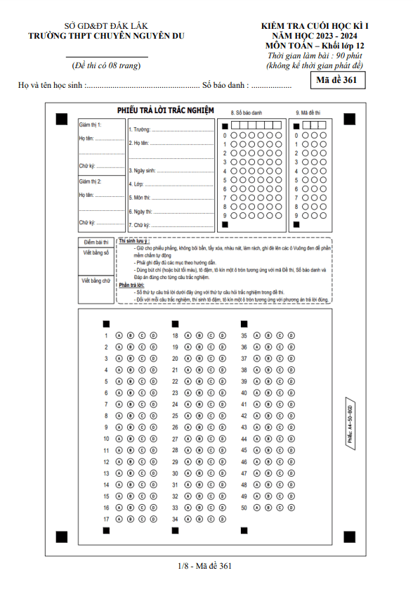 Đề cuối học kì 1 (HK1) lớp 12 môn Toán năm 2023 2024 trường chuyên Nguyễn Du Đắk Lắk