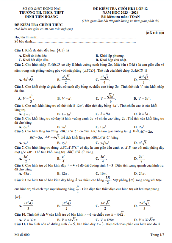 Đề cuối học kì 1 (HK1) lớp 12 môn Toán năm 2023 2024 trường Đinh Tiên Hoàng Đồng Nai