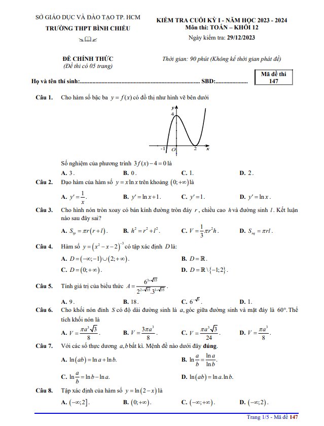Đề cuối học kì 1 (HK1) lớp 12 môn Toán năm 2023 2024 trường THPT Bình Chiểu TP HCM