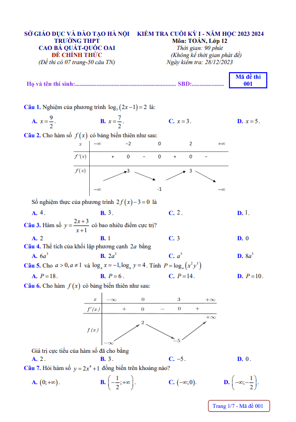 Đề cuối học kì 1 (HK1) lớp 12 môn Toán năm 2023 2024 trường THPT Cao Bá Quát Hà Nội