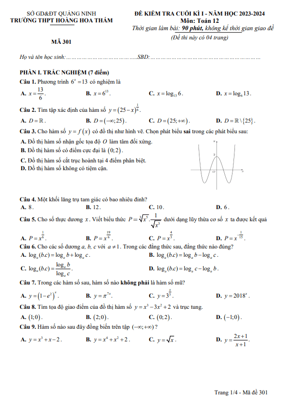Đề cuối học kì 1 (HK1) lớp 12 môn Toán năm 2023 2024 trường THPT Hoàng Hoa Thám Quảng Ninh