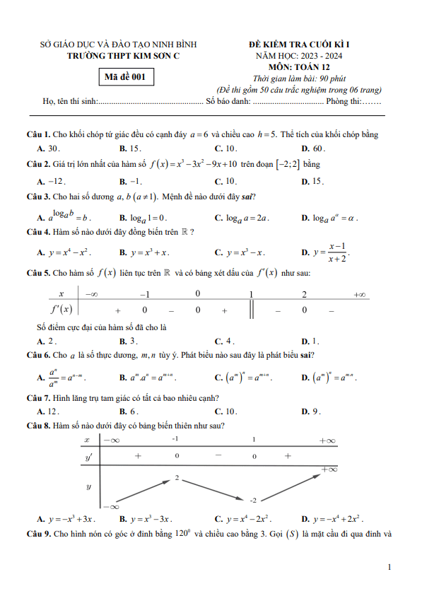 Đề cuối học kì 1 (HK1) lớp 12 môn Toán năm 2023 2024 trường THPT Kim Sơn C Ninh Bình