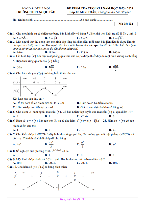 Đề cuối học kì 1 (HK1) lớp 12 môn Toán năm 2023 2024 trường THPT Ngọc Tảo Hà Nội