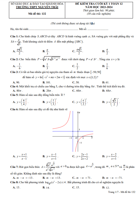 Đề cuối học kì 1 (HK1) lớp 12 môn Toán năm 2023 2024 trường THPT Nguyễn Trãi Khánh Hòa