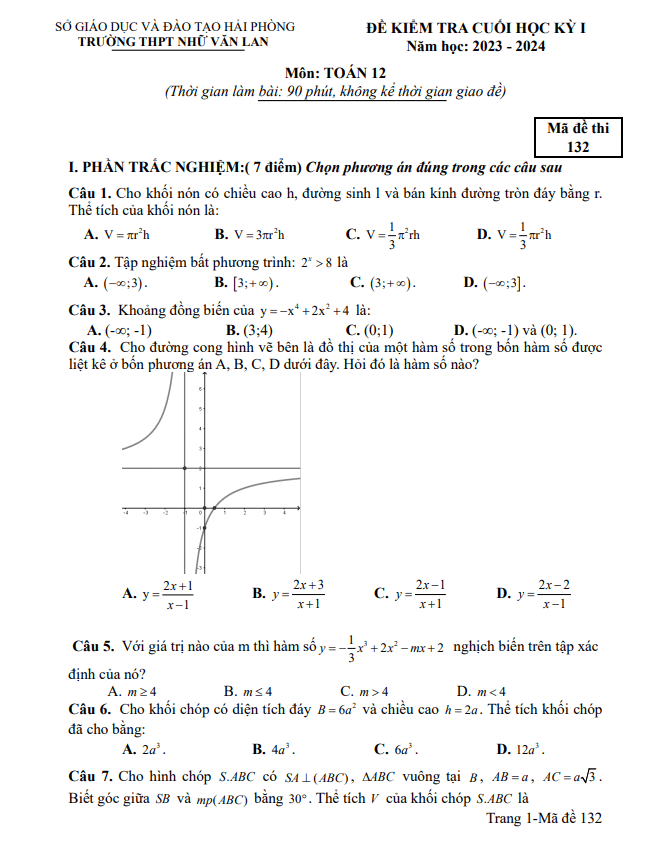 Đề cuối học kì 1 (HK1) lớp 12 môn Toán năm 2023 2024 trường THPT Nhữ Văn Lan Hải Phòng