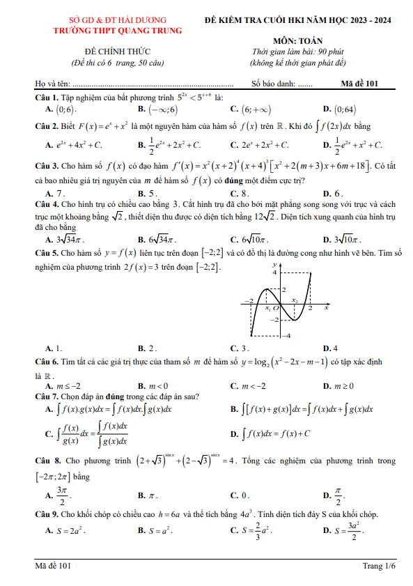 Đề cuối học kì 1 (HK1) lớp 12 môn Toán năm 2023 2024 trường THPT Quang Trung Hải Dương