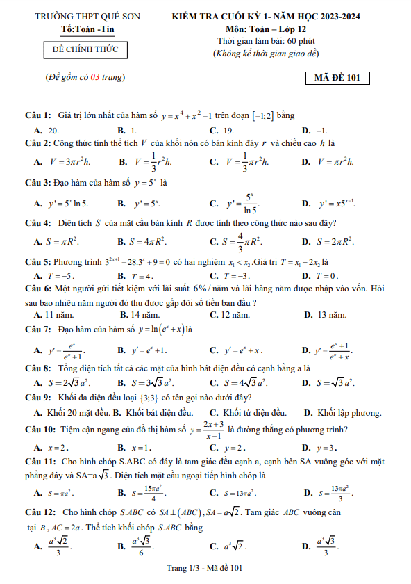 Đề cuối học kì 1 (HK1) lớp 12 môn Toán năm 2023 2024 trường THPT Quế Sơn Quảng Nam