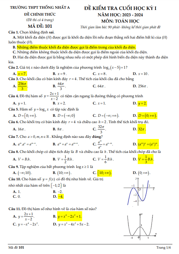 Đề cuối học kì 1 (HK1) lớp 12 môn Toán năm 2023 2024 trường THPT Thống Nhất A Đồng Nai