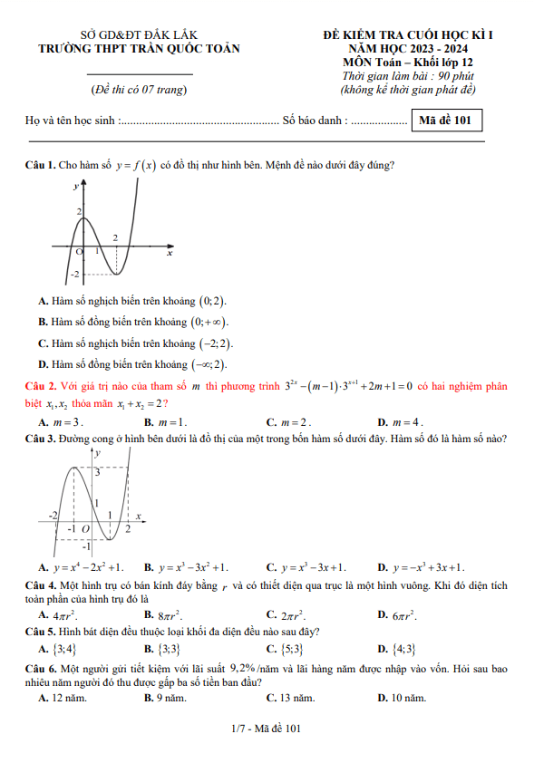 Đề cuối học kì 1 (HK1) lớp 12 môn Toán năm 2023 2024 trường THPT Trần Quốc Toản Đắk Lắk