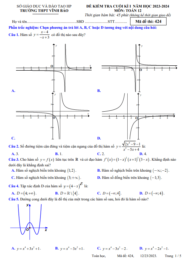 Đề cuối học kì 1 (HK1) lớp 12 môn Toán năm 2023 2024 trường THPT Vĩnh Bảo Hải Phòng