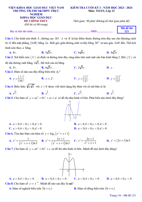 Đề cuối học kì 1 (HK1) lớp 12 môn Toán năm 2023 2024 trường Thực Nghiệm Khoa Học Giáo Dục Hà Nội