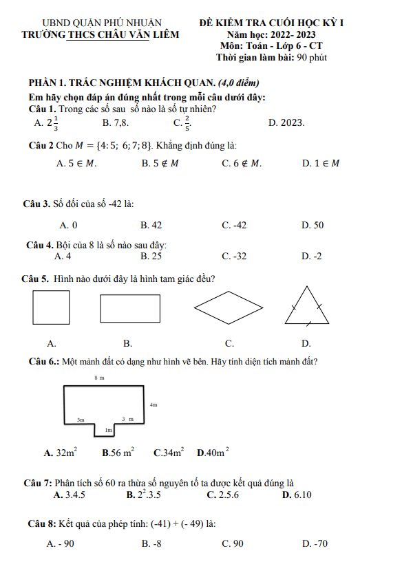 Đề cuối học kì 1 (HK1) lớp 6 môn Toán năm 2022 2023 trường THCS Châu Văn Liêm TP HCM