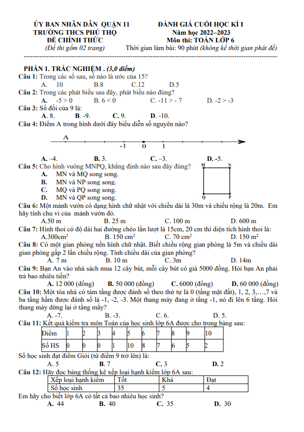 Đề cuối học kì 1 (HK1) lớp 6 môn Toán năm 2022 2023 trường THCS Phú Thọ TP HCM