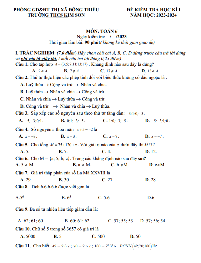 Đề cuối học kì 1 (HK1) lớp 6 môn Toán năm 2023 2024 trường THCS Kim Sơn Quảng Ninh