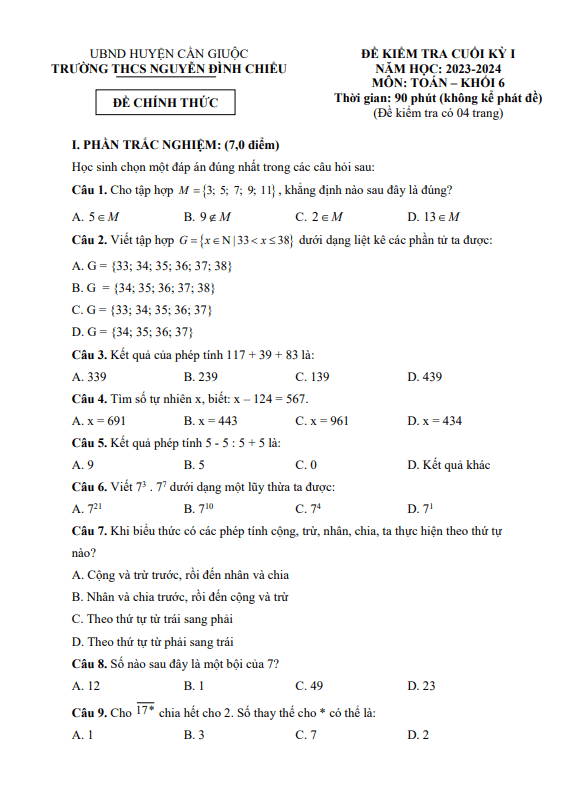 Đề cuối học kì 1 (HK1) lớp 6 môn Toán năm 2023 2024 trường THCS Nguyễn Đình Chiểu Long An