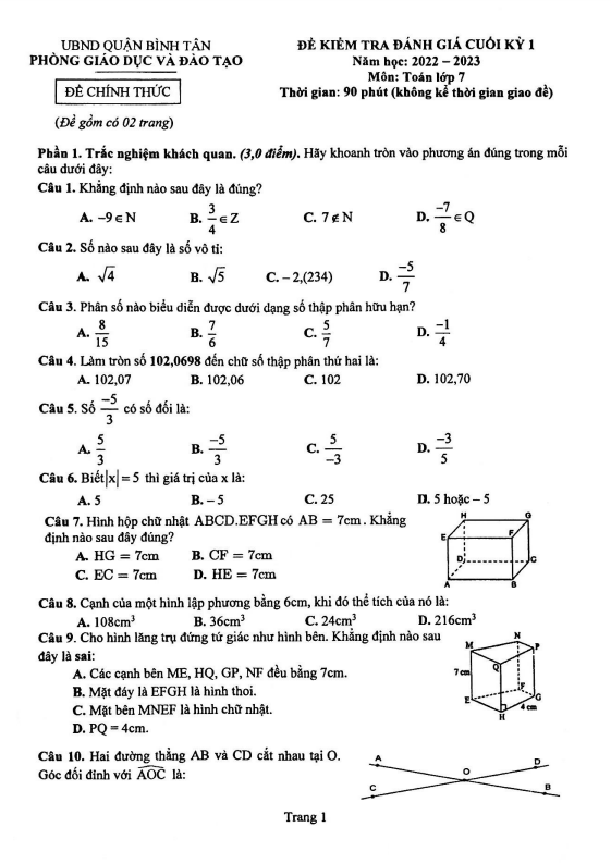 Đề cuối học kì 1 (HK1) lớp 7 môn Toán năm 2022 2023 phòng GD ĐT Bình Tân TP HCM