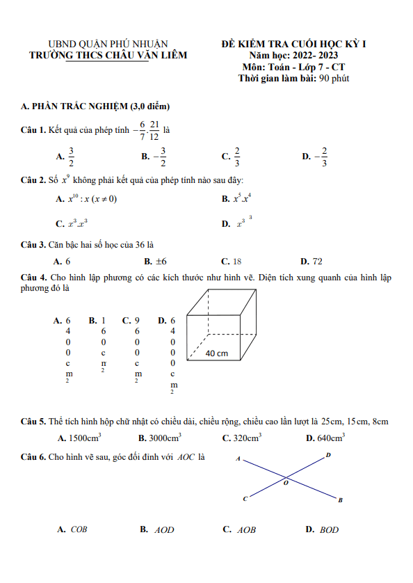 Đề cuối học kì 1 (HK1) lớp 7 môn Toán năm 2022 2023 trường THCS Châu Văn Liêm TP HCM
