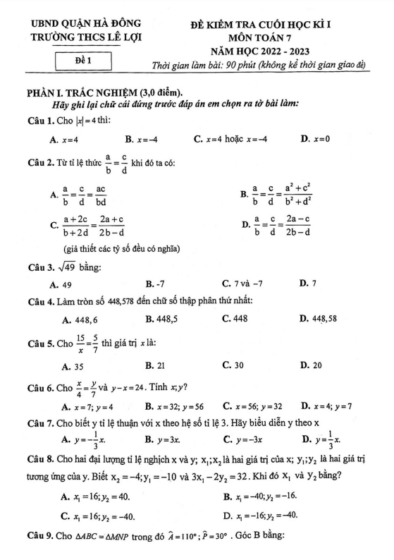 Đề cuối học kì 1 (HK1) lớp 7 môn Toán năm 2022 2023 trường THCS Lê Lợi Hà Nội