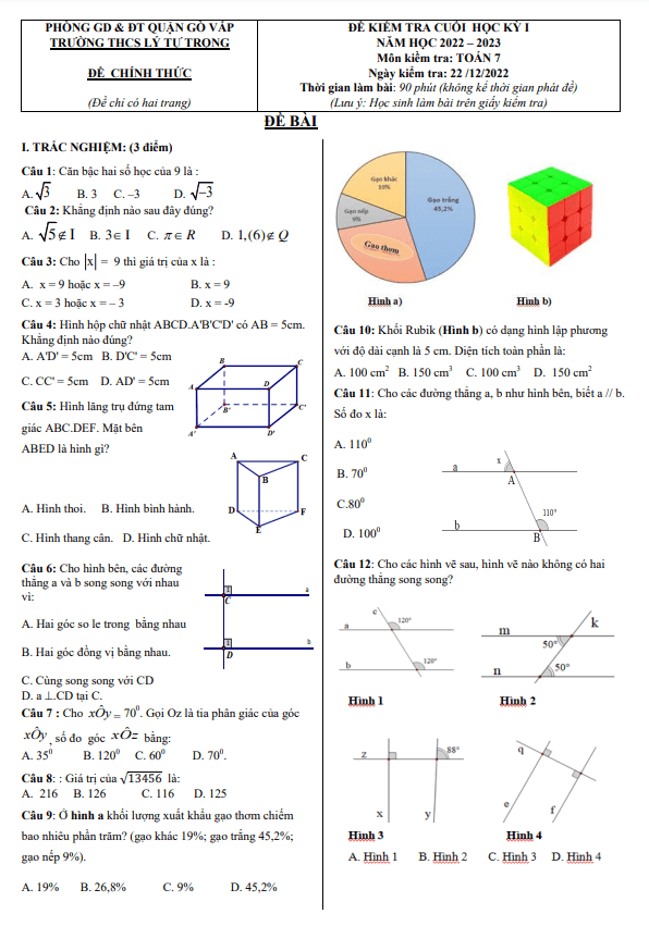 Đề cuối học kì 1 (HK1) lớp 7 môn Toán năm 2022 2023 trường THCS Lý Tự Trọng TP HCM