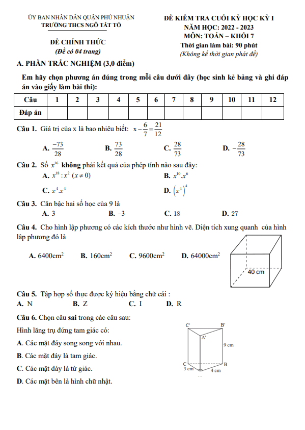 Đề cuối học kì 1 (HK1) lớp 7 môn Toán năm 2022 2023 trường THCS Ngô Tất Tố TP HCM