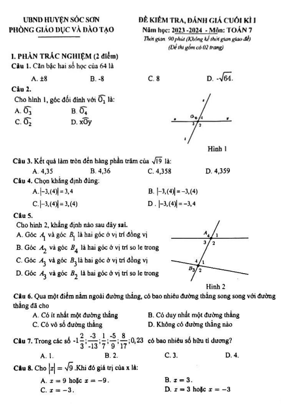Đề cuối học kì 1 (HK1) lớp 7 môn Toán năm 2023 2024 phòng GD ĐT Sóc Sơn Hà Nội
