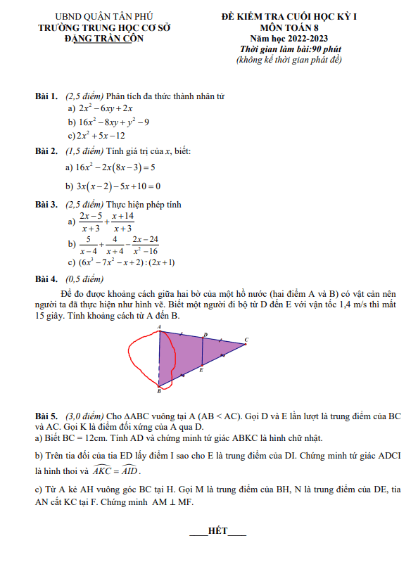 Đề cuối học kì 1 (HK1) lớp 8 môn Toán năm 2022 2023 trường THCS Đặng Trần Côn TP HCM
