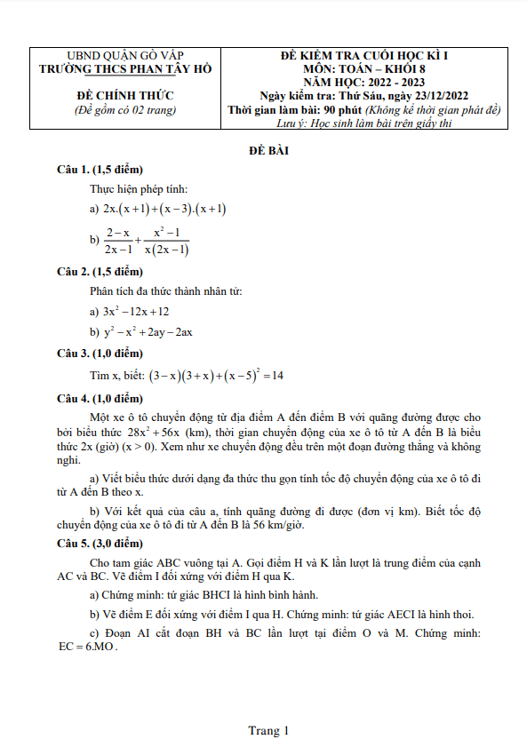 Đề cuối học kì 1 (HK1) lớp 8 môn Toán năm 2022 2023 trường THCS Phan Tây Hồ TP HCM