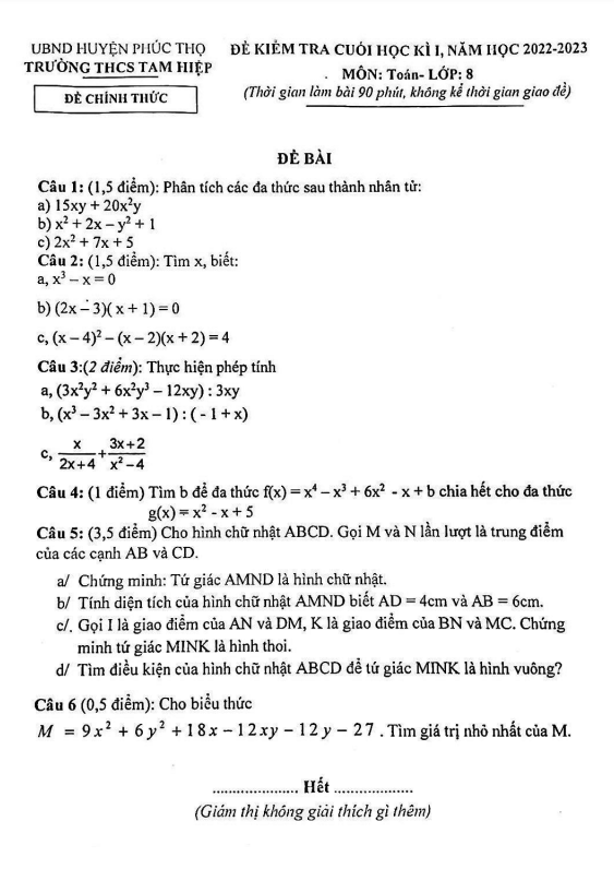 Đề cuối học kì 1 (HK1) lớp 8 môn Toán năm 2022 2023 trường THCS Tam Hiệp Hà Nội