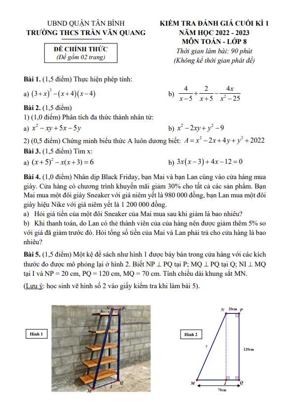 Đề cuối học kì 1 (HK1) lớp 8 môn Toán năm 2022 2023 trường THCS Trần Văn Quang TP HCM